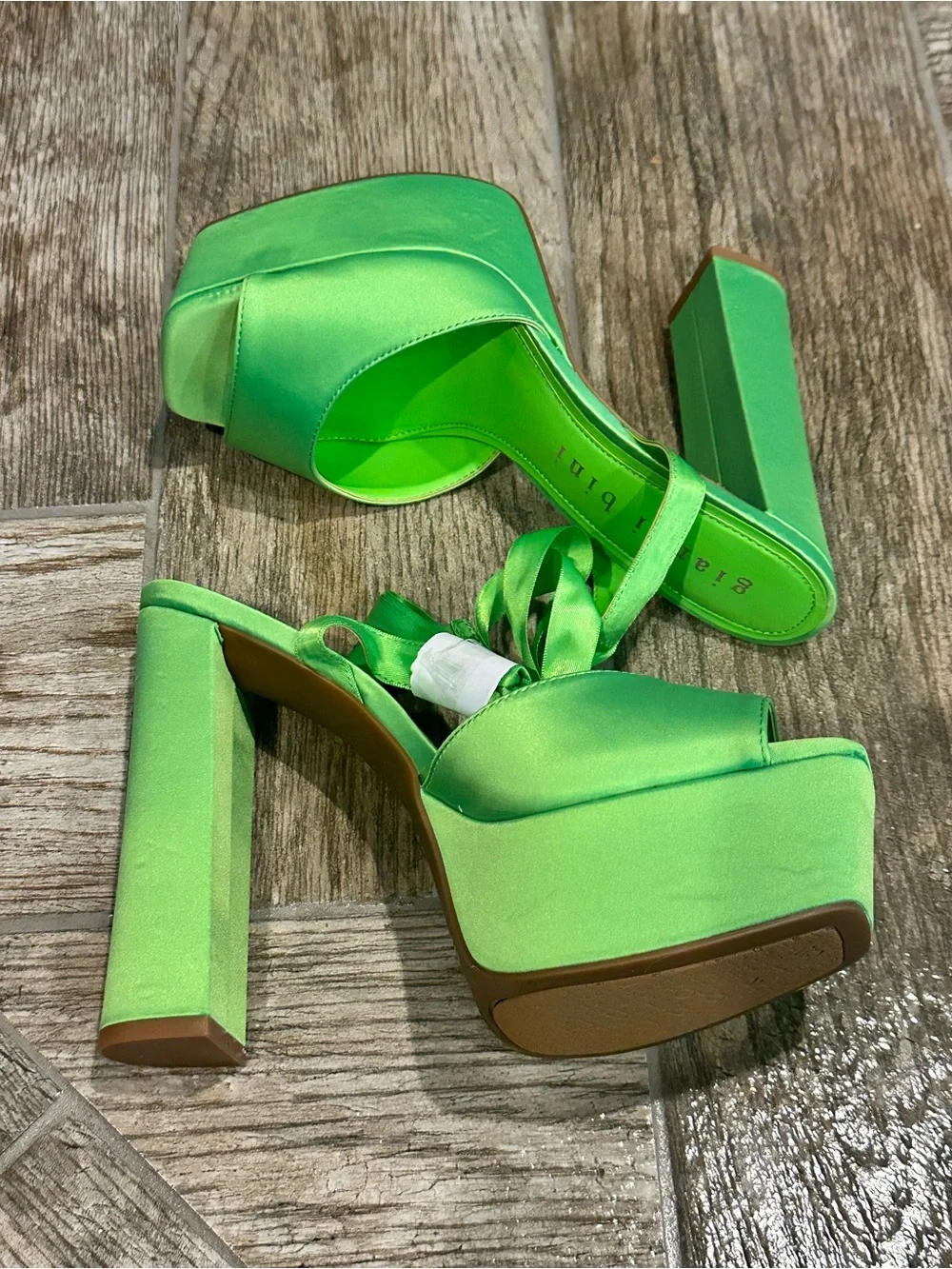 Gianni Bini Lime Green Satin Platform Slide Sandals with Ribbon Ties